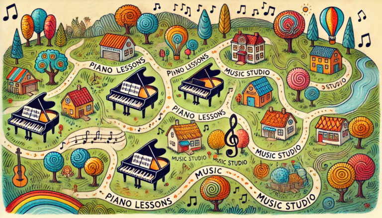 whimsical colorful hand drawn cartoon style map with various music studios