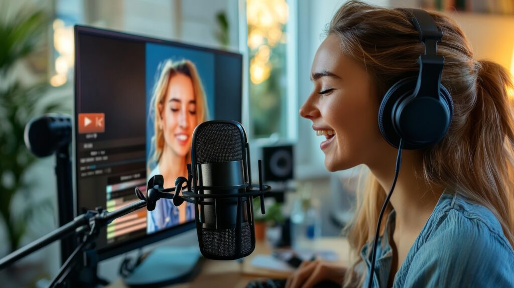 online singing lesson with a student participating via video call, watching a vocal coach on a computer screen and practicing with a microphone