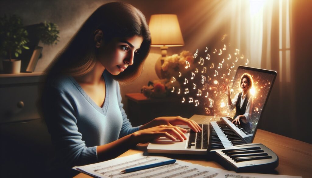 Woman Getting Piano Lessons Online. find piano lessons near me.