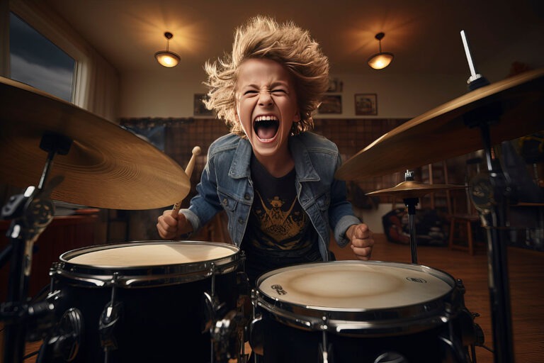 Young boy excited to play drums