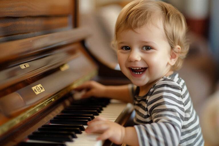 happy toddler boy playing piano at home