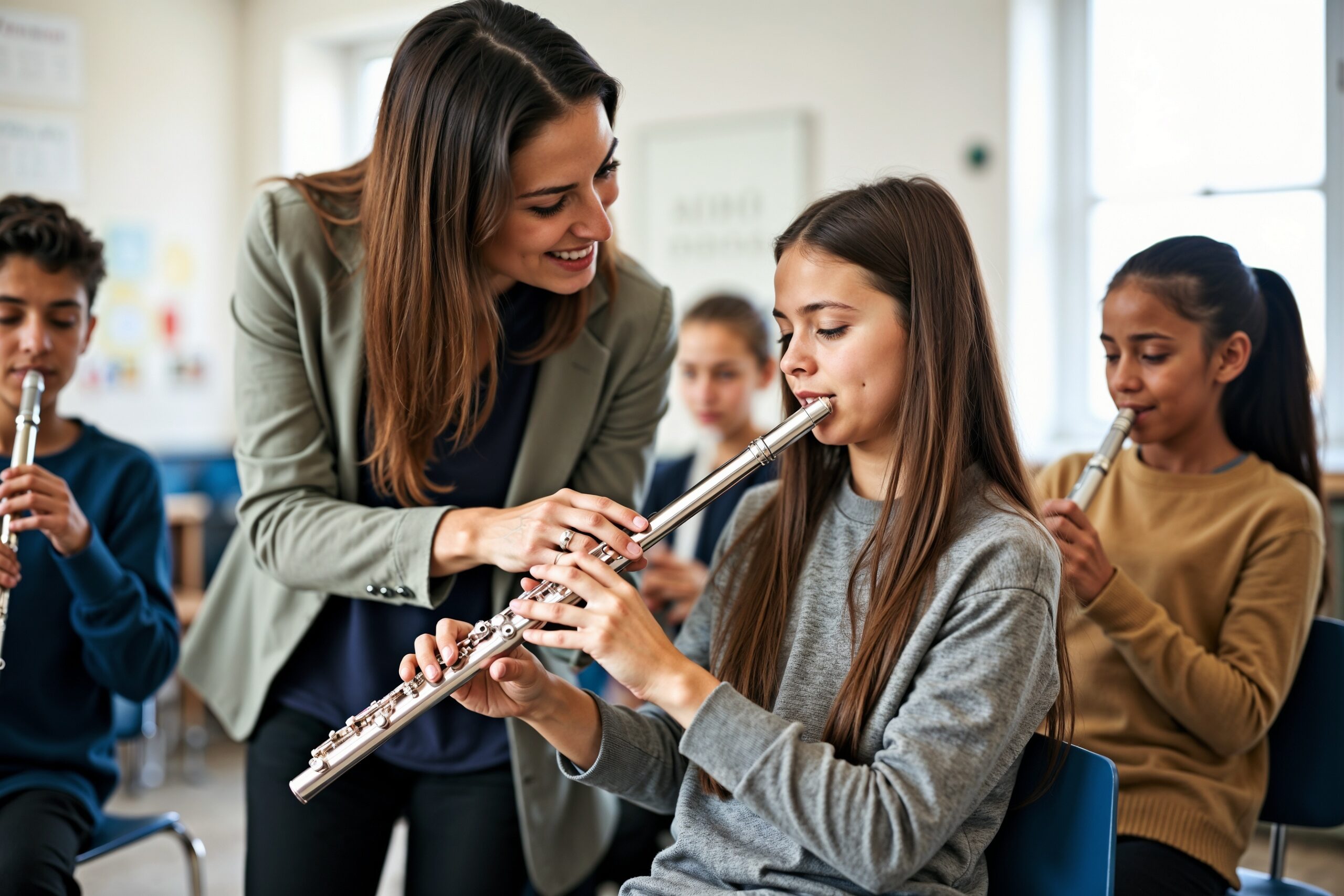 Junior High Music Teacher Assisting a Young Flute Student